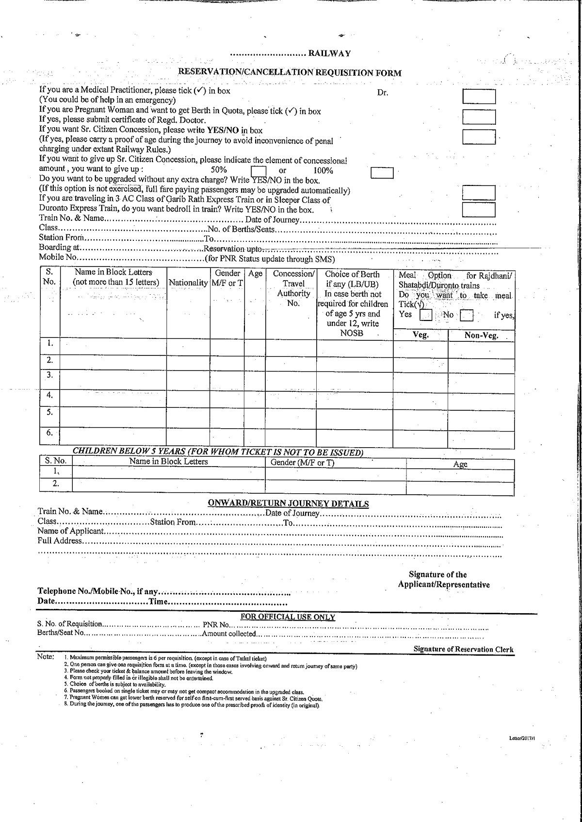 Reservation form  for railway ticket